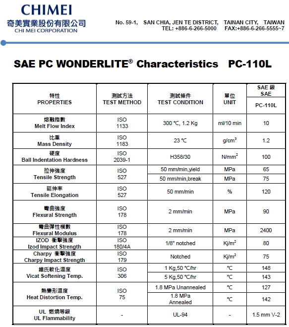 這是一張臺(tái)灣奇美PC PC-110L物性參數(shù)表圖片