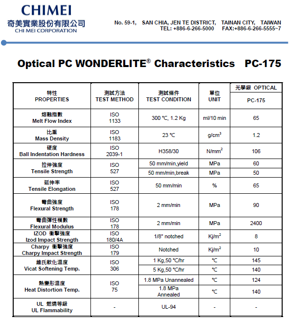 這是一張臺(tái)灣奇美PC PC-175物性參數(shù)表圖片