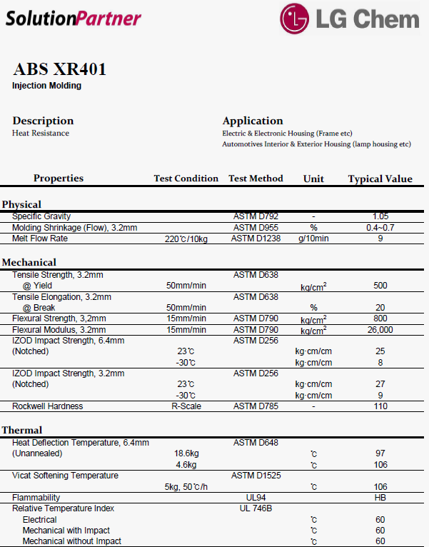 韓國LG ABS XR401物性表（英文）
